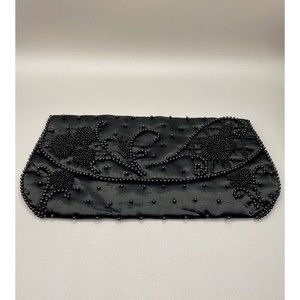 Vintage Bon Soir Black Satin Clutch Purse Made  Japan with Italian Beads 9.5" NH